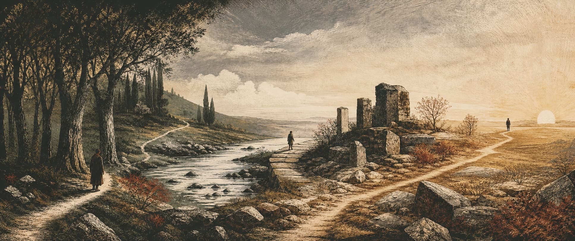 An engraved landscape where several paths meet and continue toward the horizon